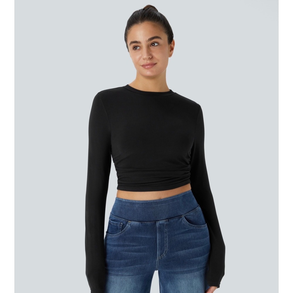 Halara Black Round Neck Long Sleeve Ruched Skinny Cropped Top Size M NWT